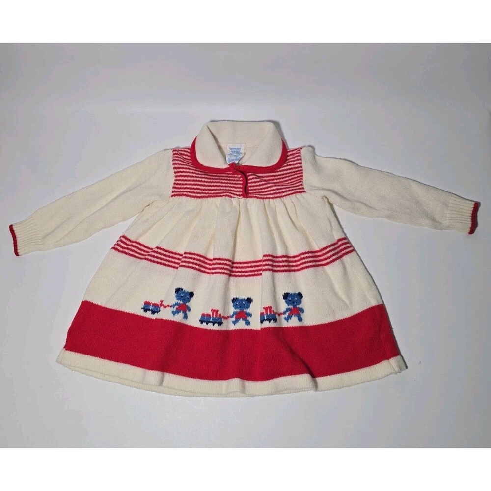 Vtg Nann Knits 24 Months White & Red Soft Girls Sweater Dress With Blue Bears